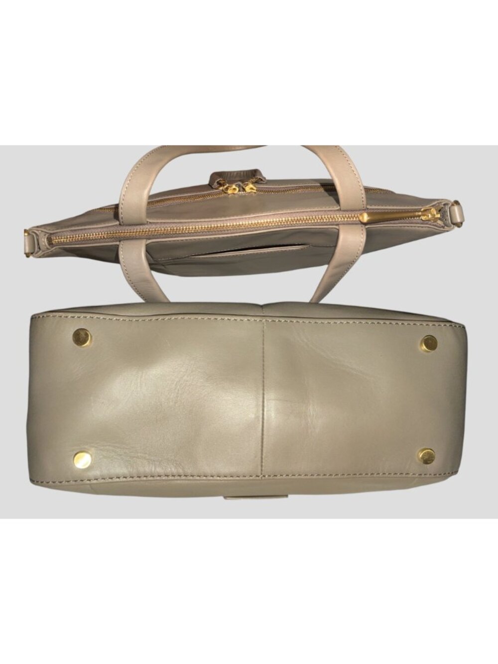 HOBO Double Zip Satchel Taupe Matte Leather Brass Shoulder Bag Detachable Strap - Picture 9 of 12